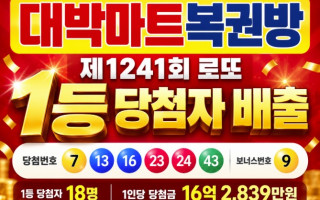 제1241회 아산 음봉 ‘대박마트복권방’ 로또 1등 터졌다…16억2천만원 대박